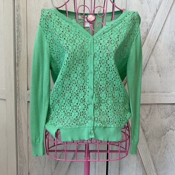 August Silk Lace Sheer Sweater Cardigan Womens Small Green Floral Coquette - Picture 1 of 10